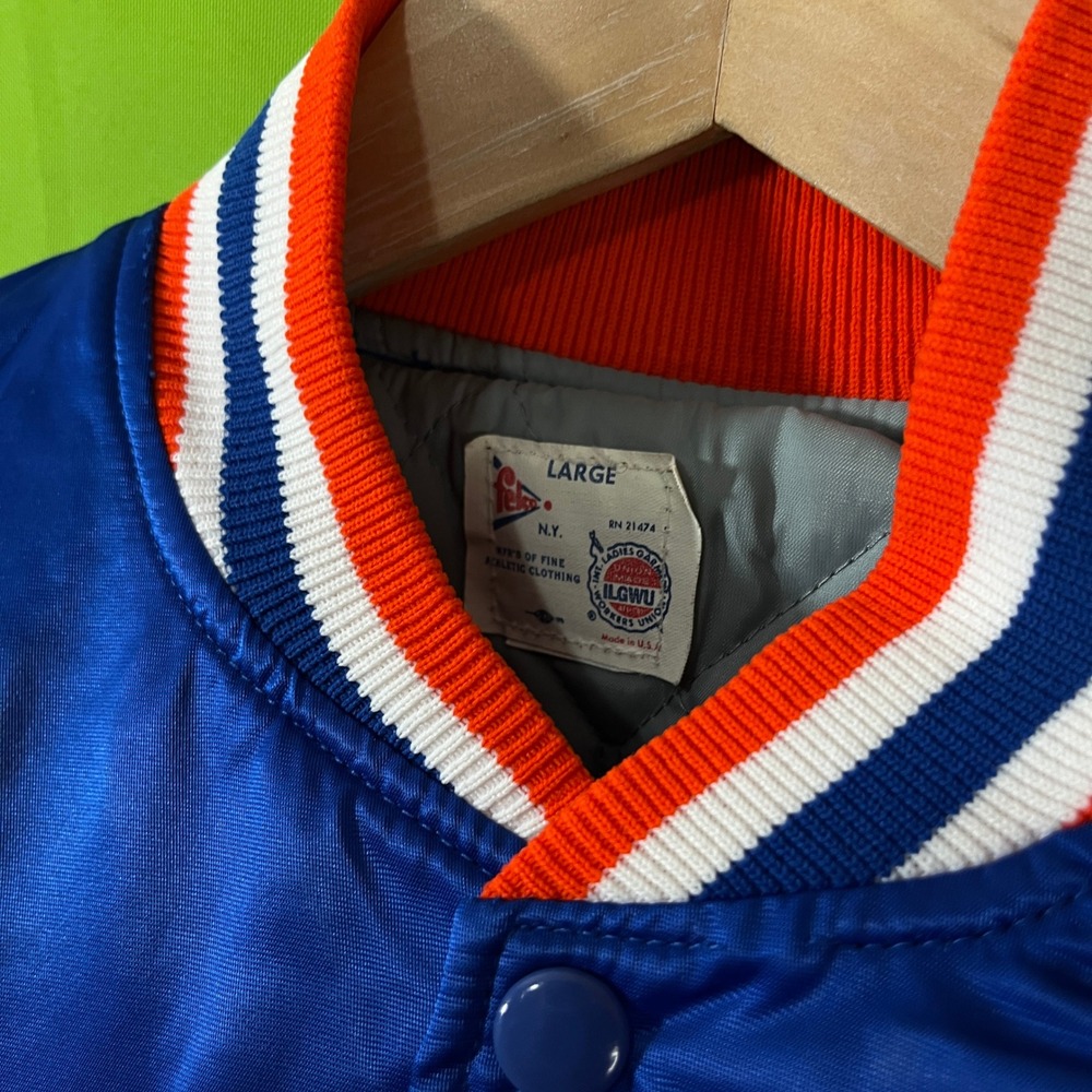 Vintage 80s Felco Boise State College Satin Bomber Jacket Blue Orange Mens Large - Picture 2 of 6